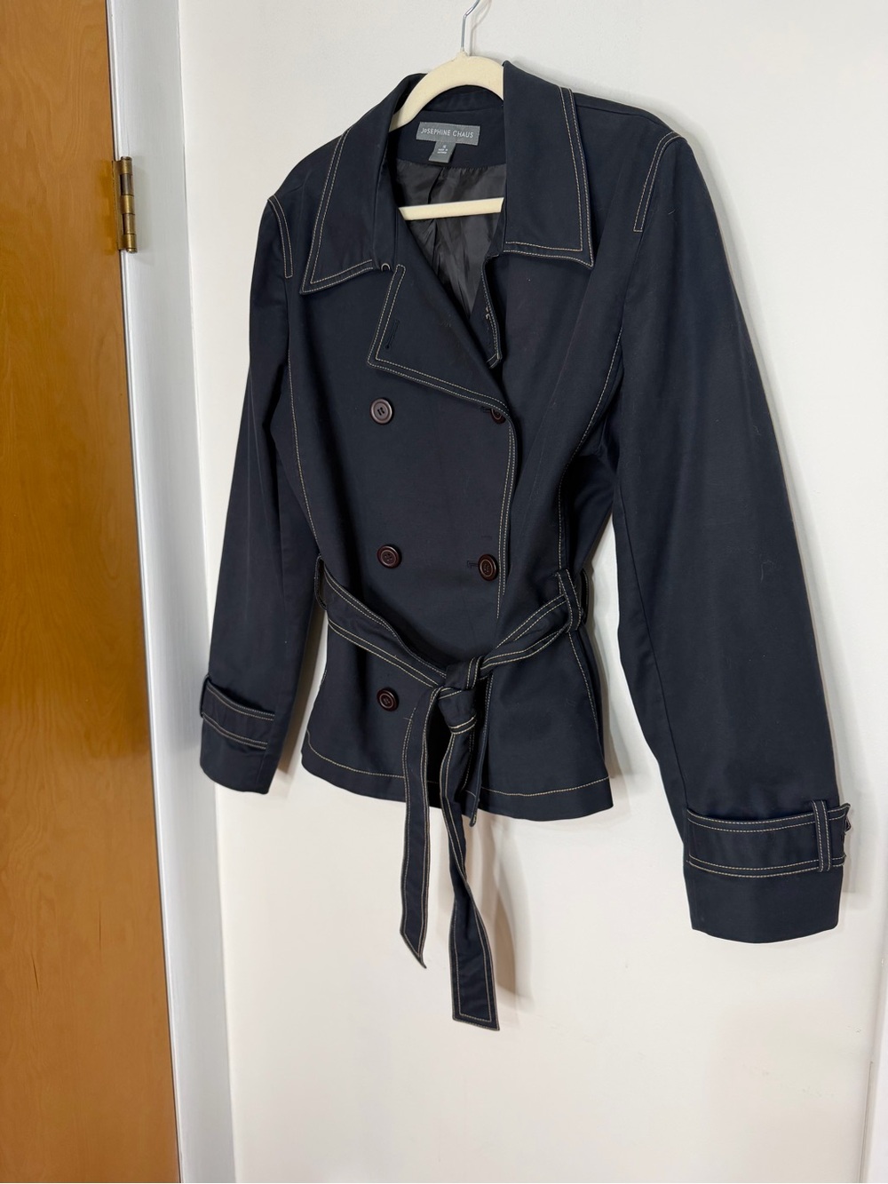 Josephine Chaus Navy Blue Belted Trench Jacket Size 16 Contrast Stitch - Picture 3 of 12